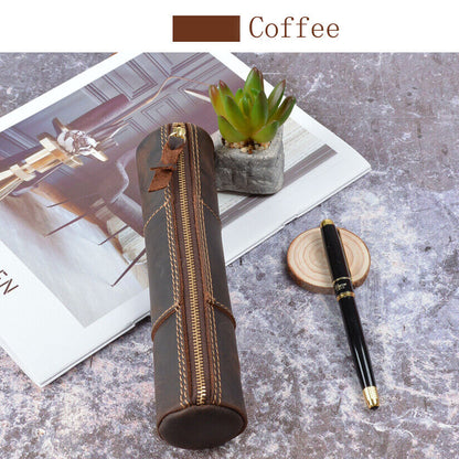 Handmade Cowhide Leather Pen Pouch Zipper Pencil Case Stationery Storage Bag