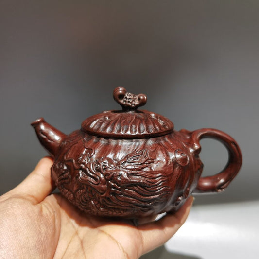 Vintage Chinese Yixing Purple Clay Teapot Zisha Ceramic Carving Dragon Teaware