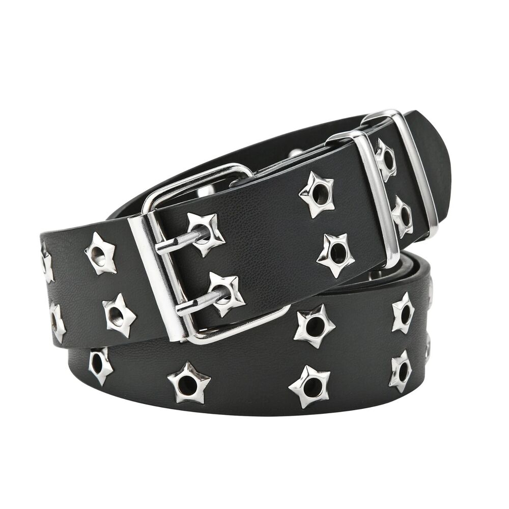 Women Belt Pu Leather Star Eye Rivet Punk Hollow Double Pin Buckle Men Waistband