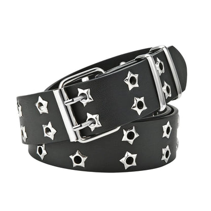 Women Belt Pu Leather Star Eye Rivet Punk Hollow Double Pin Buckle Men Waistband
