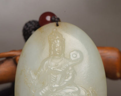 Chinese Natural Hetian Jade Carved Kwan Yin Statue Good Luck Pendant Jewelry Art
