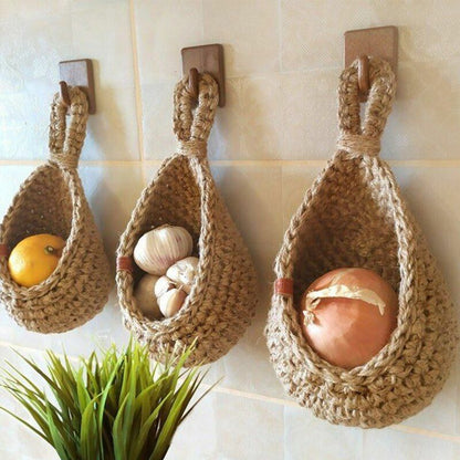 Wall Hanging Vegetable Fruits Storage Baskets Natural Wicker Woven Kitchen Shelf