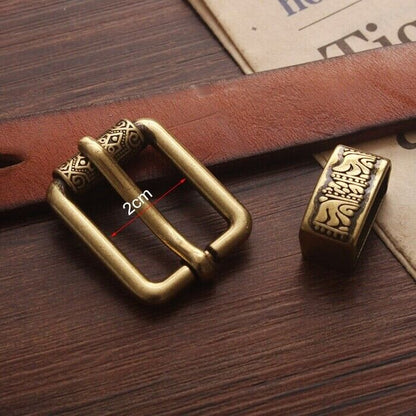 Men Belt Buckle Pin 2Pcs DIY Vintage Brass Carved Pattern Leather Craft Part 2cm