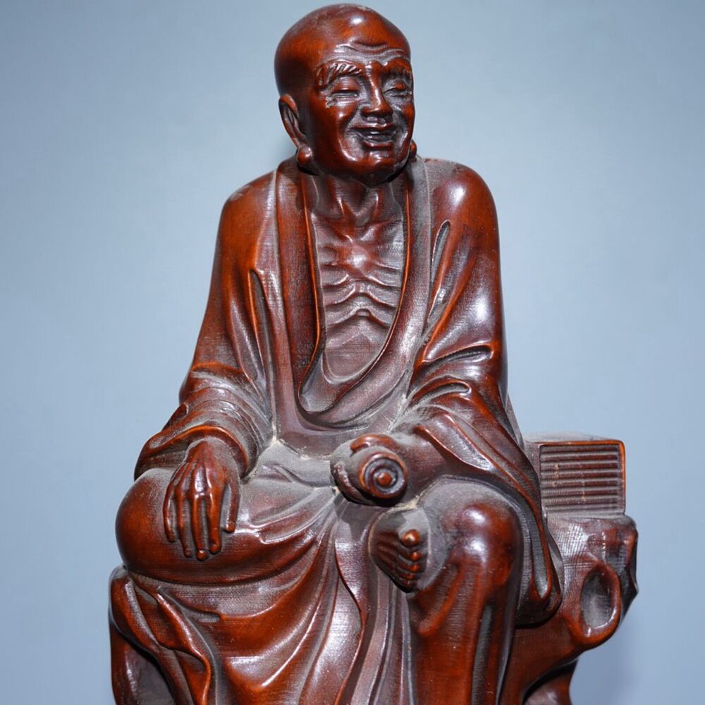 Antique Chinese Boxwood Carving Arhat Buddha Statue Wooden Sculptures Home Decor