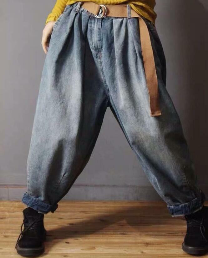 Retro Women's Denim Drop Pants Baggy Lantern Loose Fit Elastic Jeans Trousers @