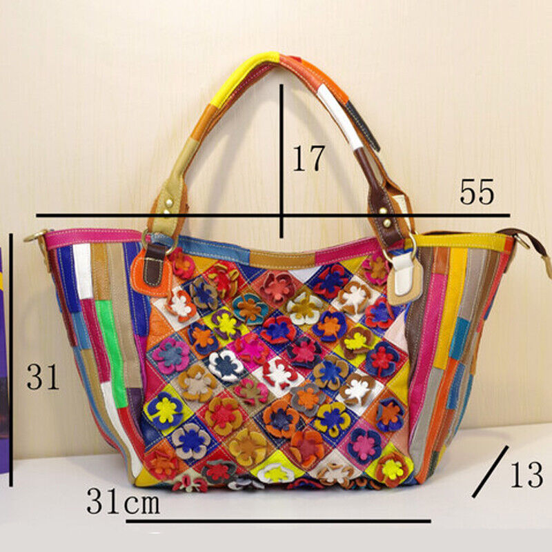 Designer Cow Leather Colorful Floral Patchwork Handbag Women's Tote Shoulder Bag
