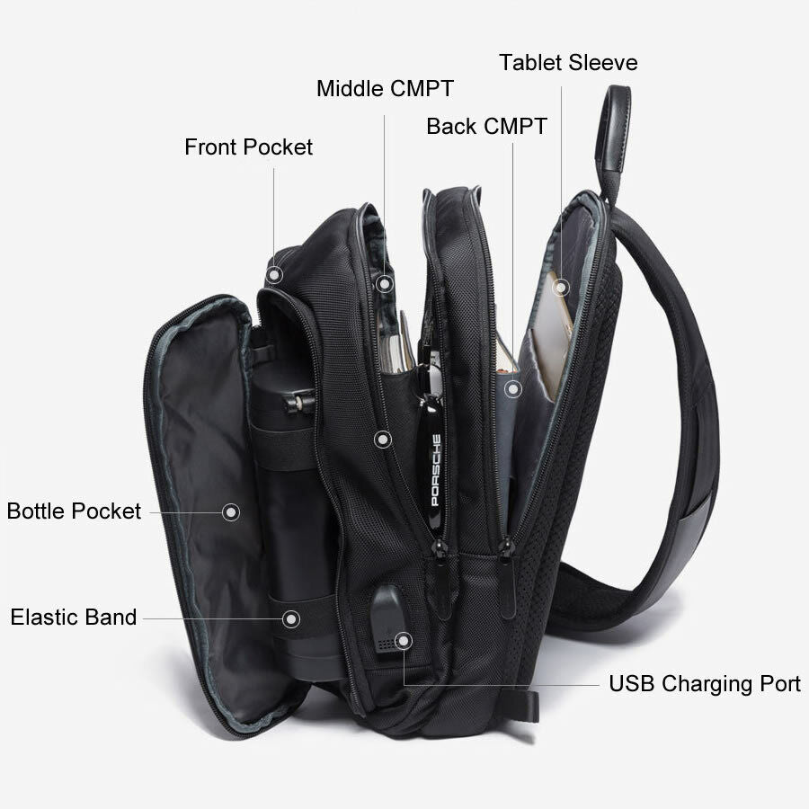 USB Charging Port Water Resistant Nylon Sling bag Chest Pack Backpack Business