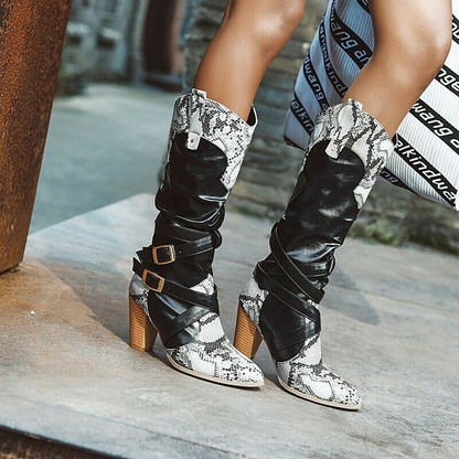 Size 34-47 Women Cowboy Buckle Strap Knee High Western Riding Boots Splice Color