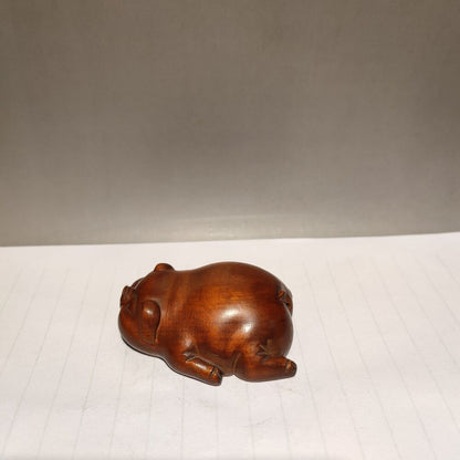 antique wood carving Handmade Statuette figurine small mini wooden Lazy pig gift