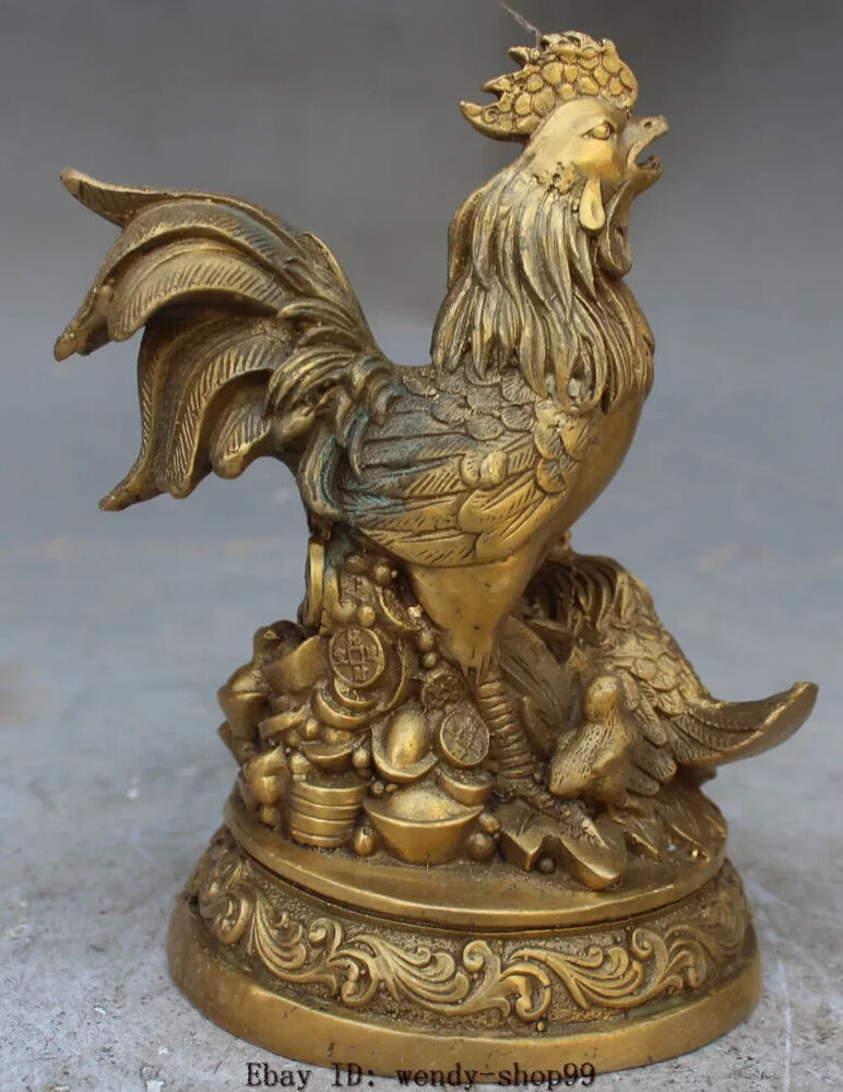 6" Bronze Kuningan Fengshui Hewan Ayam Kekayaan Patung Dekorasi Taman Perunggu
