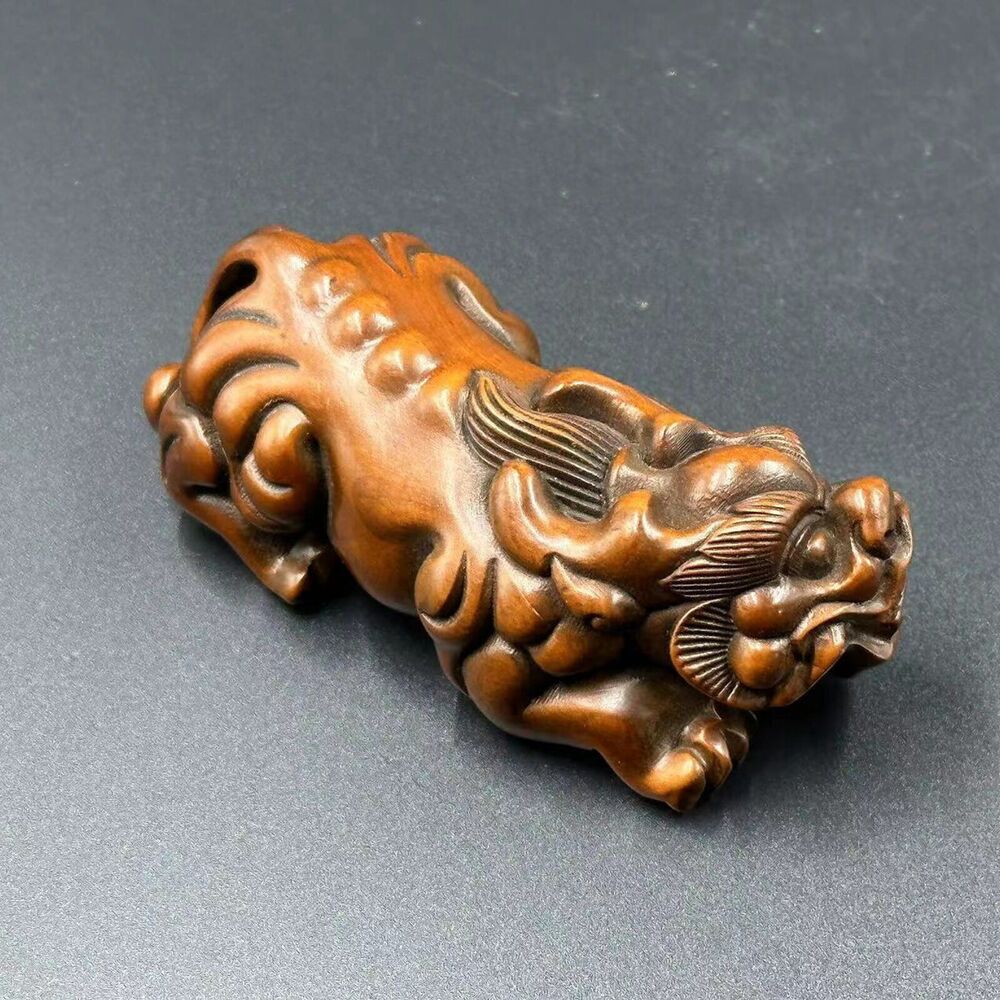 Antique Chinese Boxwood Carving Auspicious Beast Statue Figurine Christmas Gift