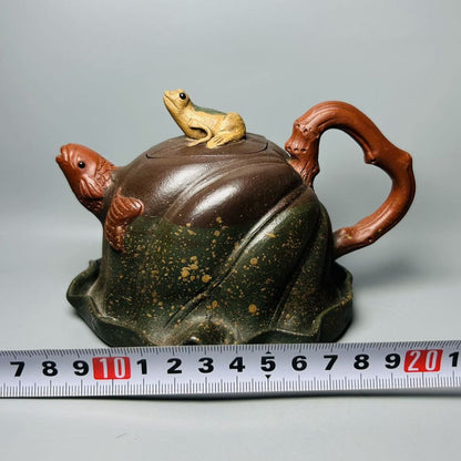 Vintage Chinese Yixing Purple Clay Teapot Zisha Ceremony Lotus Leaf Frog Tea Set