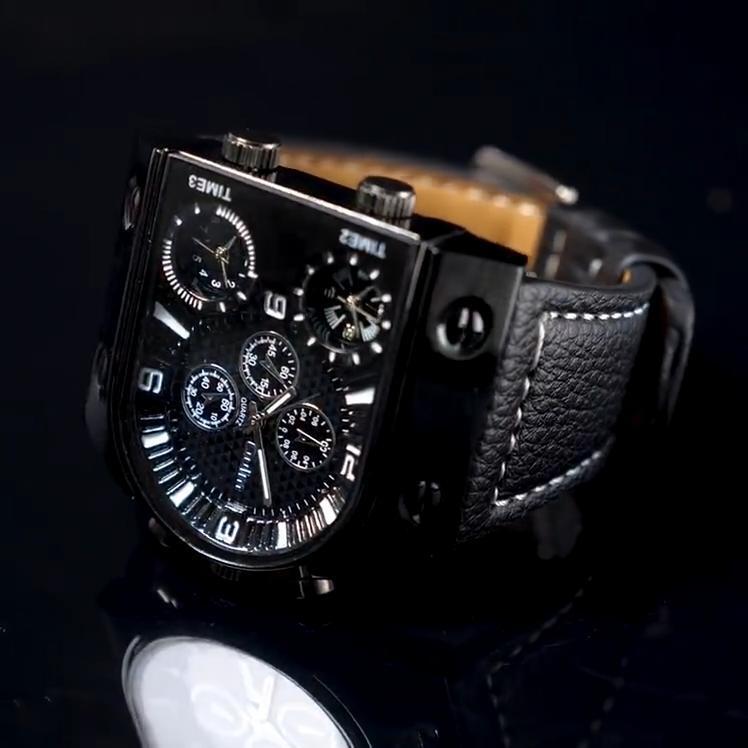 Reloj De Pulsera Grande Cuarzo Multi-zona Correa De Cuero Deportes Para Hombres