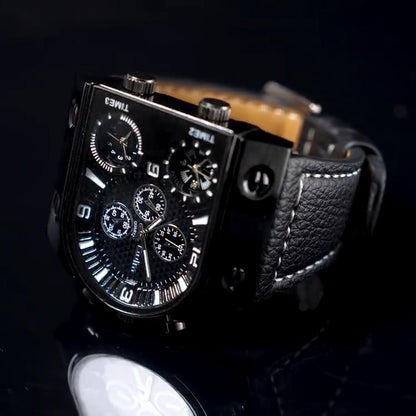Reloj De Pulsera Grande Cuarzo Multi-zona Correa De Cuero Deportes Para Hombres