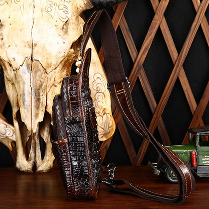 Cowhide Leather Men's Chest Bag Crocodile Crossbody bag Sling Backpack Hiking