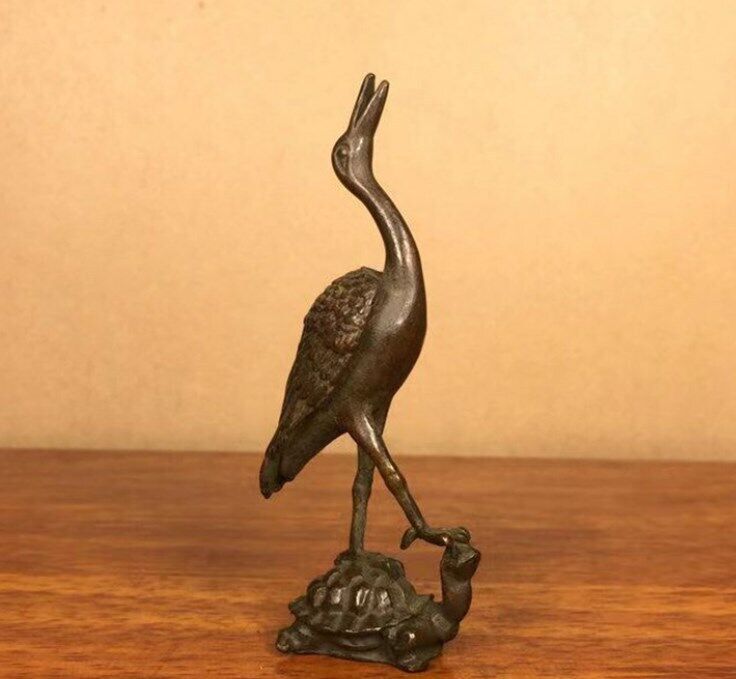 Rare Old Chinese Antique Copper Turtle Crane Statue Animal Netsuke