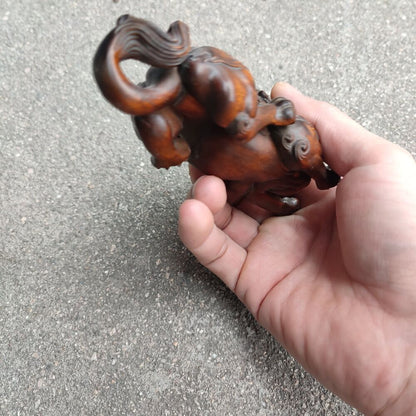 Chinese Unicorn Fabulous Fire Kylin Dragon Statue sculpture Boxwood Carving Gift