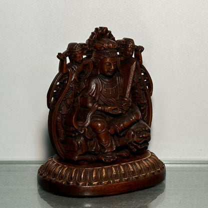 Chinese Boxwood Carving Bodhisattva Manjusri Statue Wooden Sculptures Ornaments