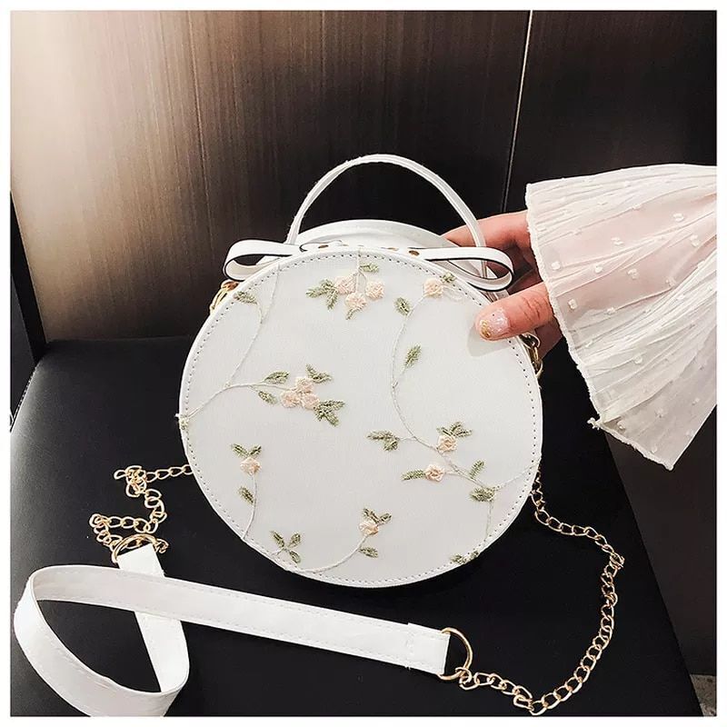 Small Flower Print Chain Shoulder Bag Lace Round Handbags Leather Crossbody Bags