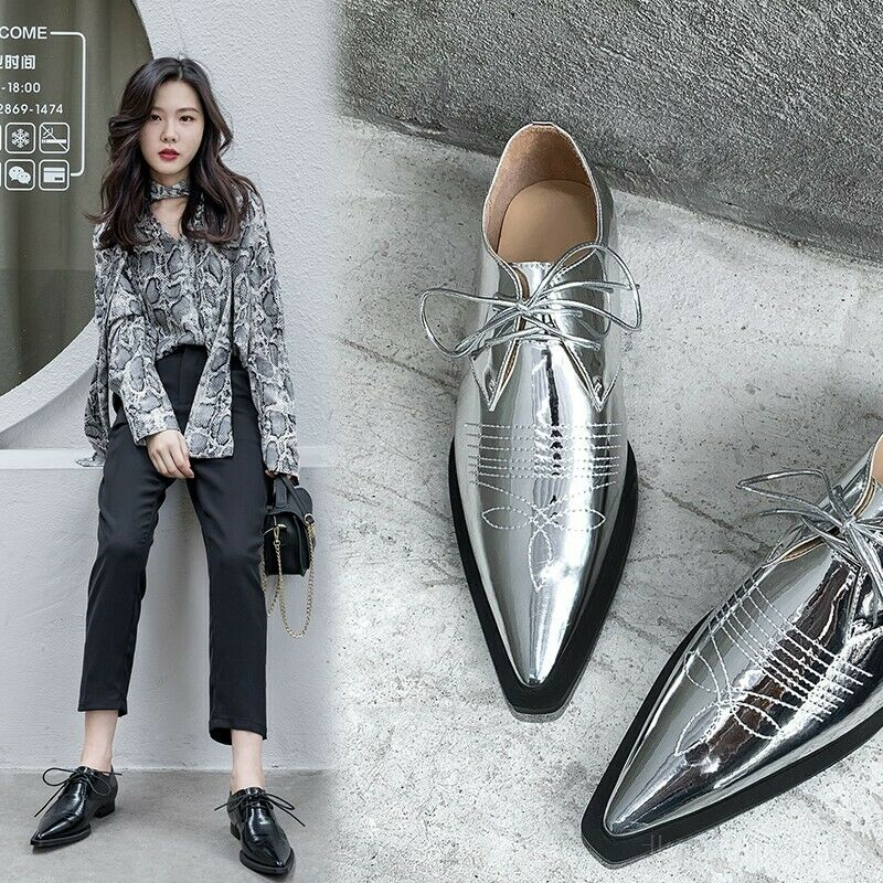 New Womens Brogues Pointy Toe Lace Up Flat Heel Casual Pumps Shoes Retro 34-40