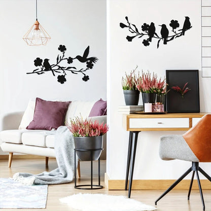 1pc Black Leaves and Flowers Metal Birds Wall Art Decor for Home and Garden