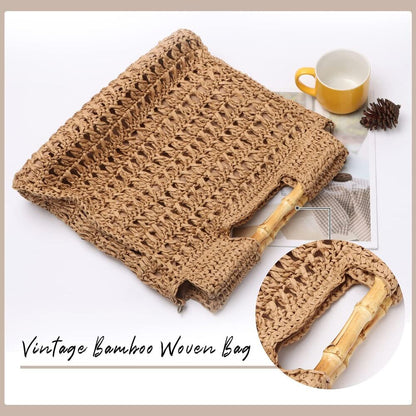 Handmade Women Straw Handbag Summer Beach Drawstring Rattan Top Handle Purse