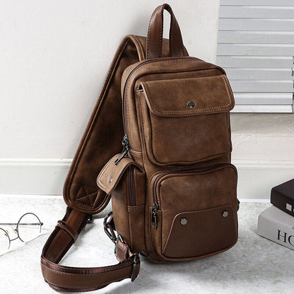 Men's Sling Backpack Faux Leather Large Capacity Chest Bag Crossbody Daypack