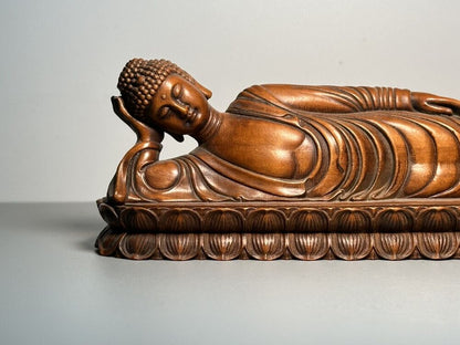 Vintage Chinese Boxwood Carving Reclining Buddha Statue Wooden Sculpture Artwork
