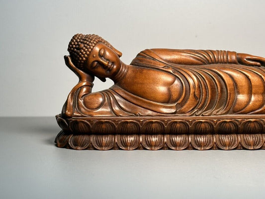 Vintage Chinese Boxwood Carving Reclining Buddha Statue Wooden Sculpture Artwork