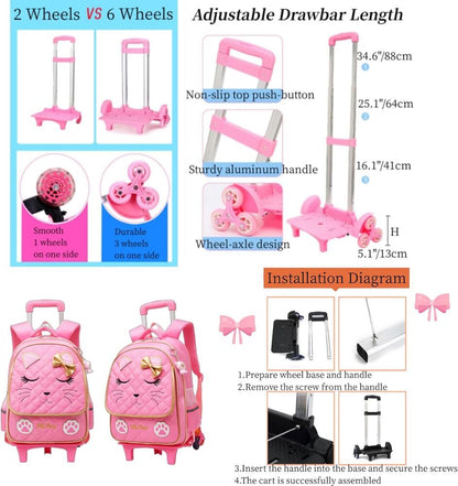 MITOWERMI Cute Rolling Backpack for Girls Trolley School Bags 2 Wheels Pink