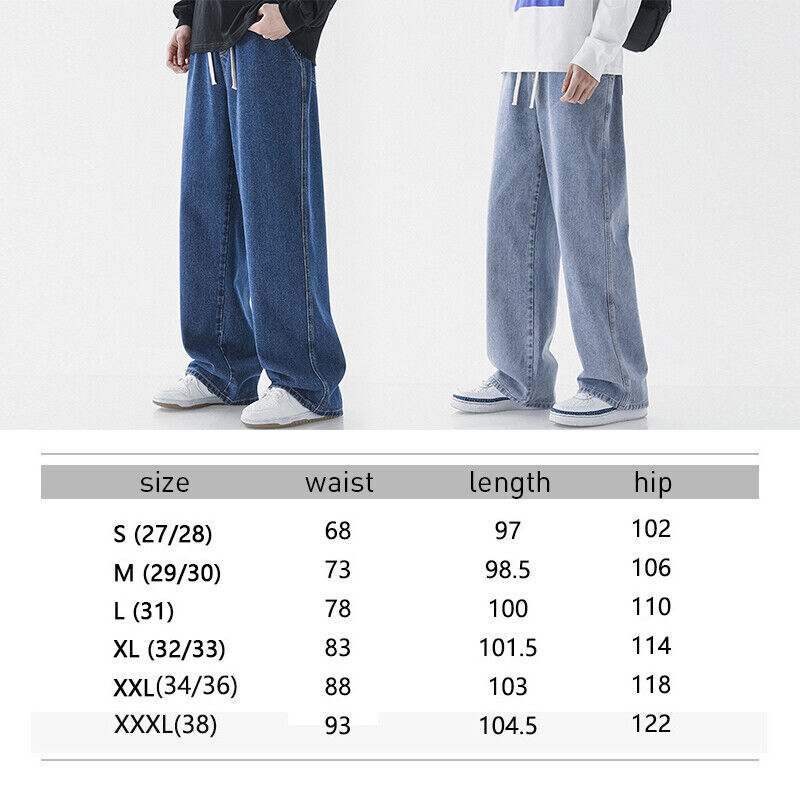 Mens Loose Wide Leg Denim Pants Drawstring Jeans Elastic Waist Baggy Trousers