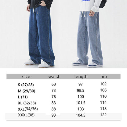Mens Loose Wide Leg Denim Pants Drawstring Jeans Elastic Waist Baggy Trousers
