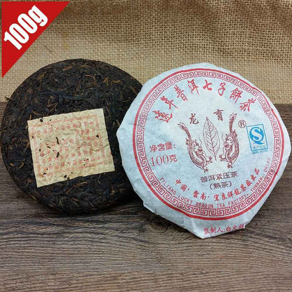100g Long Yu Ripe Pu-erh Tea Yunnan Pu-erh Tea Cake Aged Aroma Mellow Taste