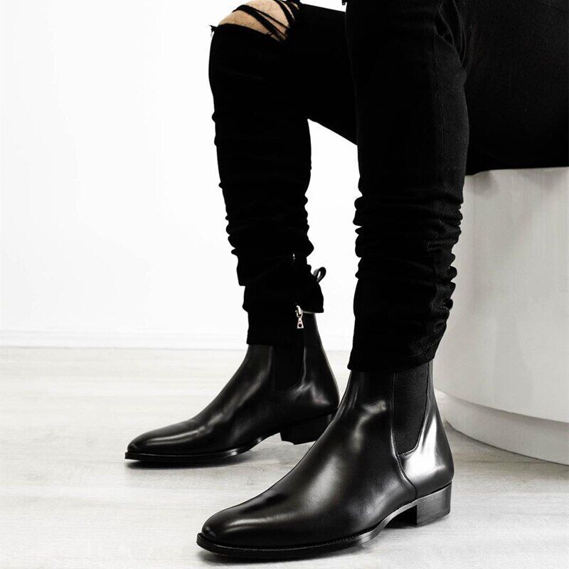 Boots Men Black Low-heeled Business Slip-on Shoes Men Mens Ankle Boots