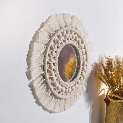 Wall Mirrors Macrame Boho Handmade Round Aesthetic Home Decor Glass Cotton 25cm