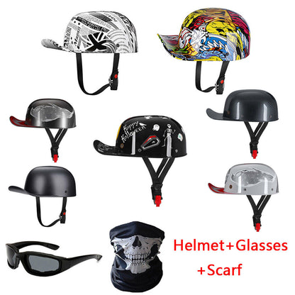 Helmet Motorcycle Vintage Baseball Cap Scooter Helmet With Glasses+Scarf For Men