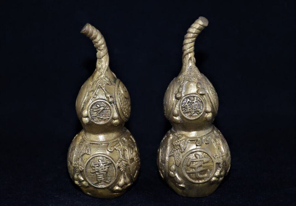 Vintage Chinese Pair Brass TAI-CHI Bottle Gourd