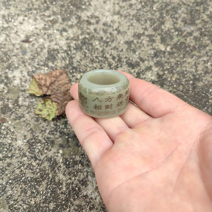 Chinese Hotan Hetian Jade Carving Sculpture Collector Thumb Ring Jewelry 招财进宝
