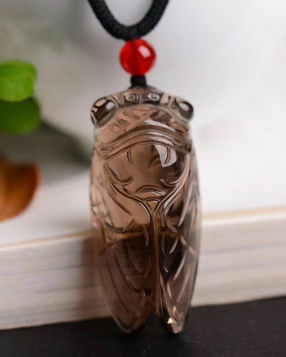 100% Natural Brown Tea Smoky Quartz Crystal Carved Cicada Reiki Pendant Necklace