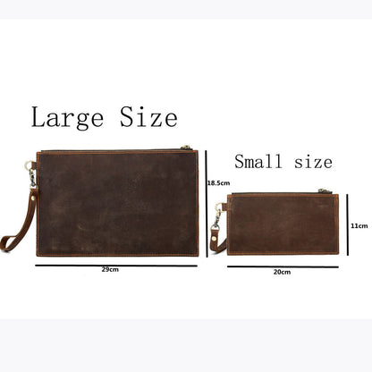 Handmade Crazy Horse Leather Men's Slim Zipper Wallets Clutch Envelope Bag