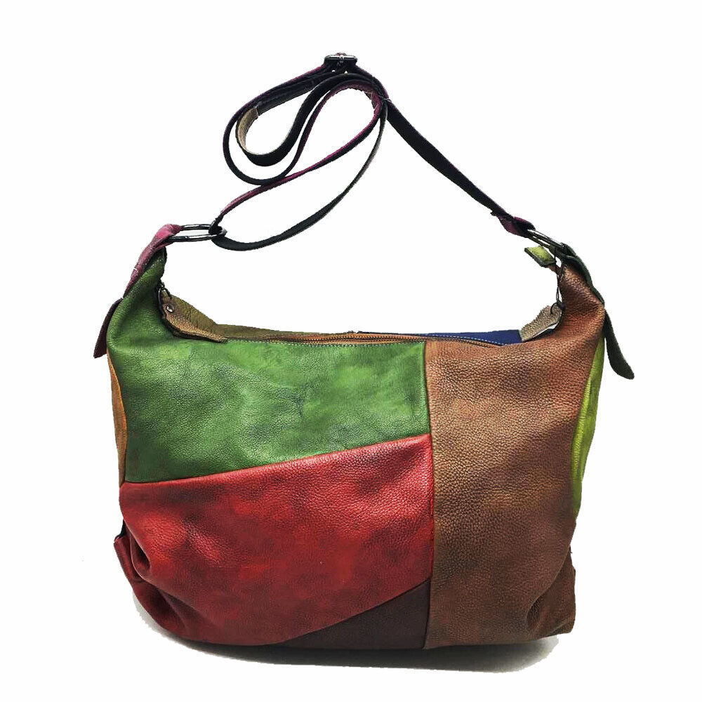 Vintage Patch Ruched Brushed Real Leather Hobo Shoulder Bag Crossbody Purse