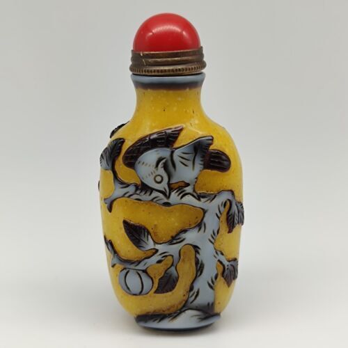 Antique Chinese Old Beijing Glaze Snuff Bottle Carved Flowers And Birds Statue