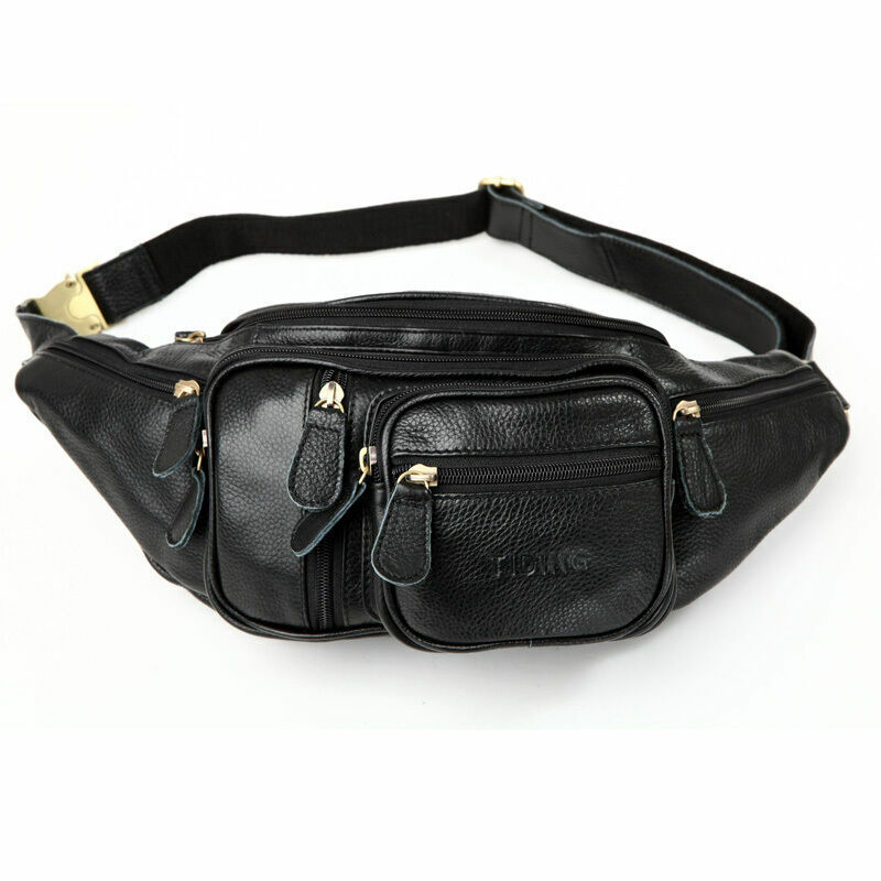 Cross-body Bag Cowhide Leather Black Fanny Pack Durable Men waist Bag Running