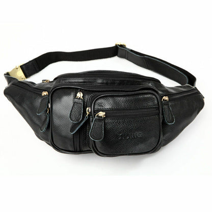 Cross-body Bag Cowhide Leather Black Fanny Pack Durable Men waist Bag Running