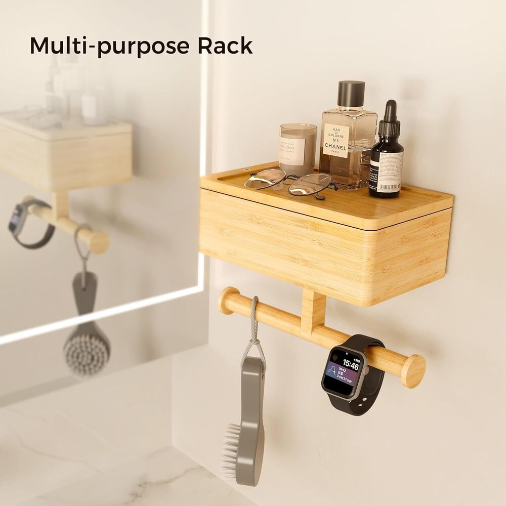 Bamboo Toilet Paper Holder with Shelf and Storage Wall Mount Organizer 3-In-1