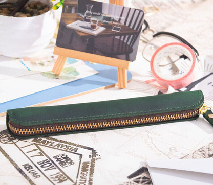 Handmade Cowhide Leather Vintage Zipper Pencil Case mini Single Pen Bag