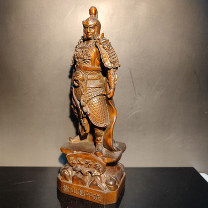 8" Boxwood wood carving Zhao Zilong statue home decor figurines fierce fighter