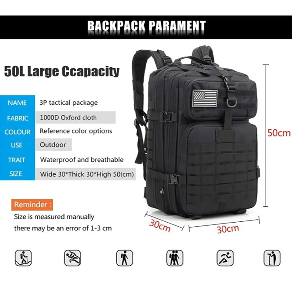 Men'sTactical Backpack 50L Army Military Outdoor Hiking Camping Hunting Bag