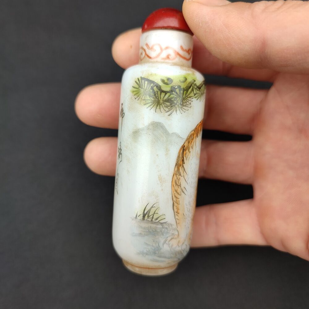 Old Beijing chinese colored glaze Painted tiger Glass Snuff Bottle box painting