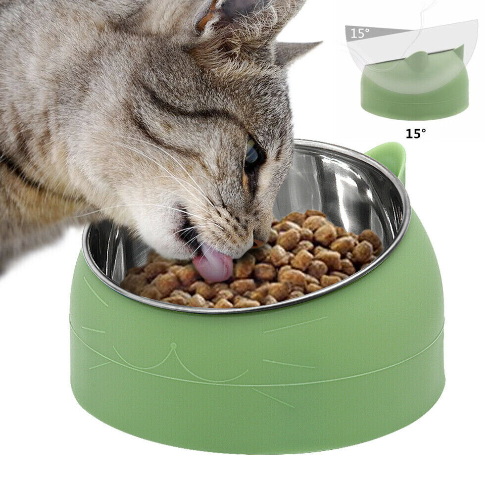 Pet Cat Elevated Stand Cat Dish Stainless Steel Tilted Raised Food Water Bowl